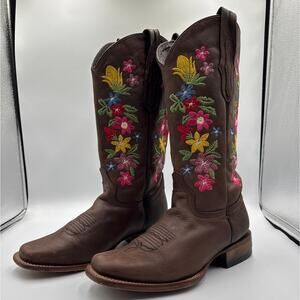 Alfa Cowboy Boots Womens 8.5 Brown 100% Leather Colorful Floral Coastal Cowgirl